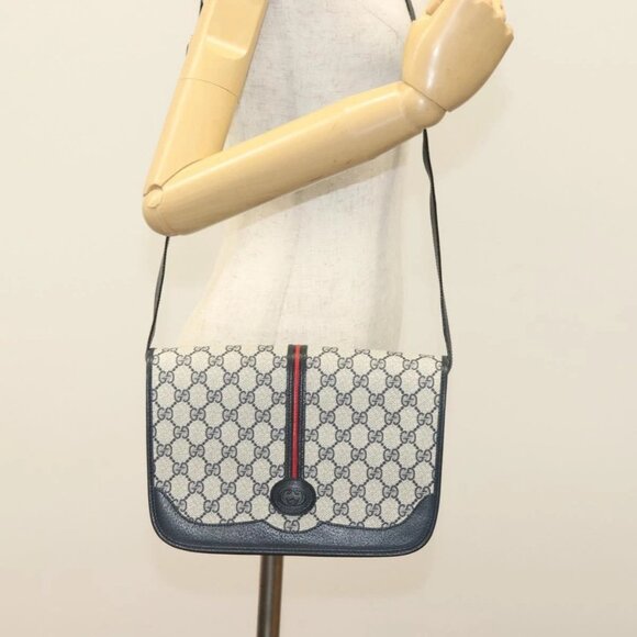 GUCCI GG Supreme Sherry Line Shoulder Bag PVC Navy Gold 001 113 0551 Auth SW1462 - Picture 1 of 16